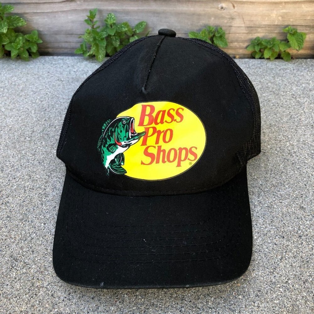 Vintage BASS PRO SHOPS Trucker Hat Men's Black Gone Fishing Cap Adjustable​​​​